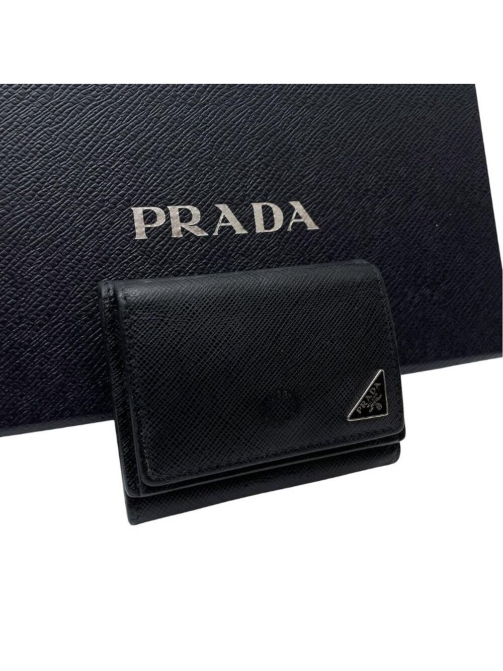 Prada Saffiano Leather Triangle Plate Logo Trifold Wallet Black